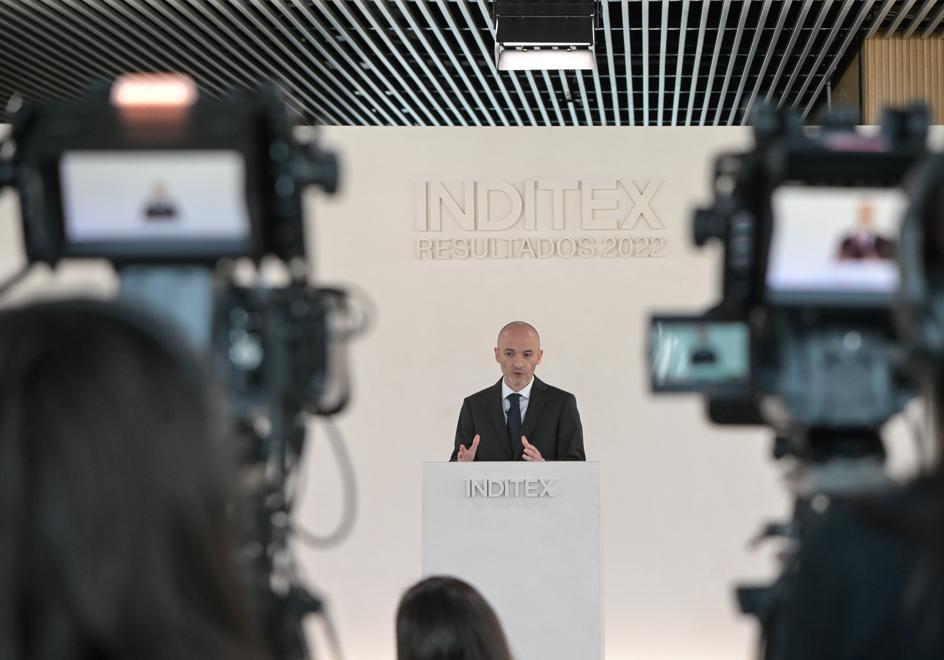 El consejero delegado de Inditex, Óscar García Maceiras, durante la presentación de los resultados del grupo en 2022.