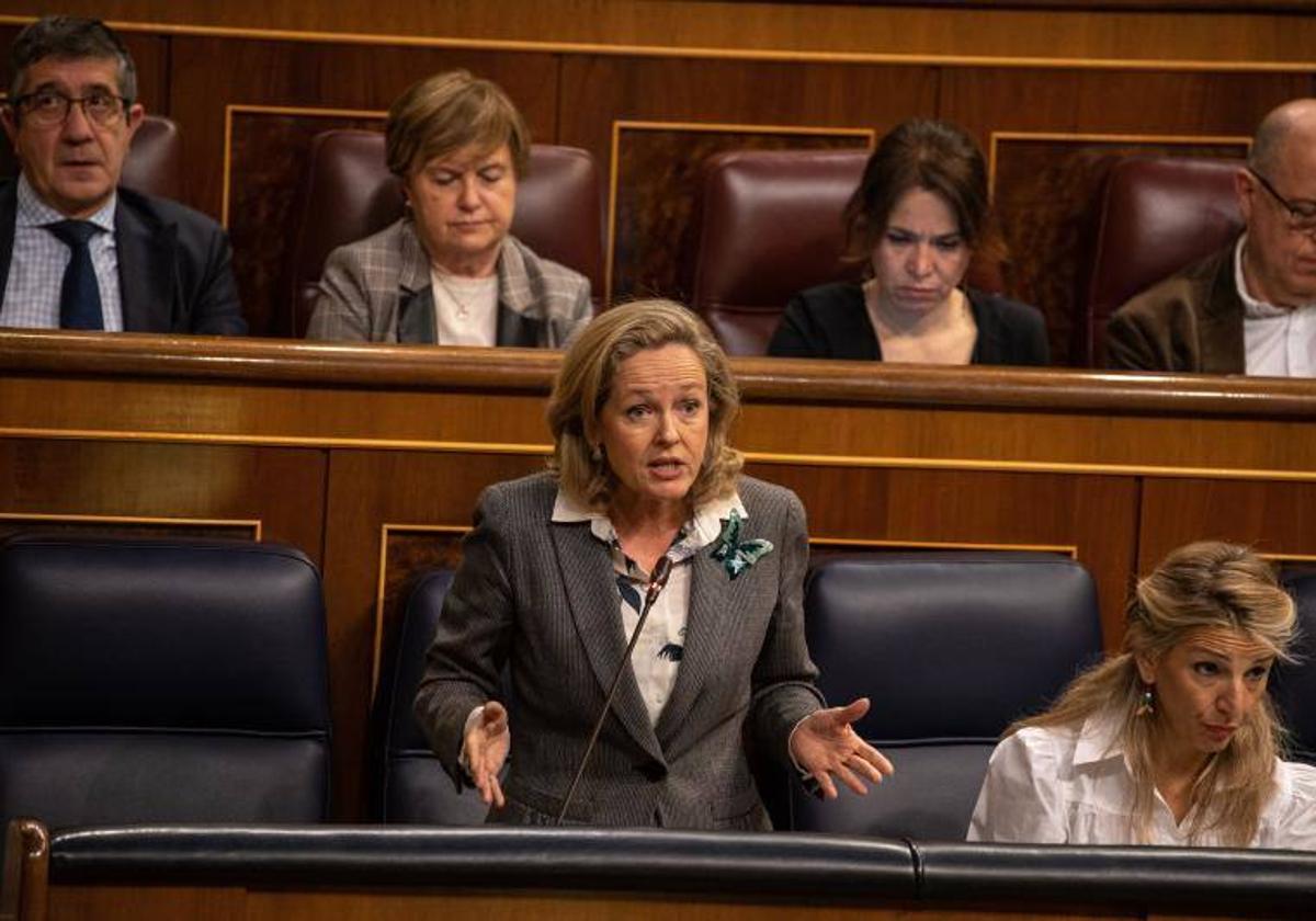 La vicepresidenta económica, Nadia Calviño, este miércoles en el Congreso