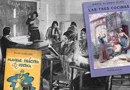 Libros de Alonso-Duro y fotografía de un aula en la Residencia de Señoritas.