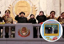 Kim Jong-un junto a su hija hace una semana en un desfile militar en Pyongyang. A la derecha, el sello donde aparecen ambos.