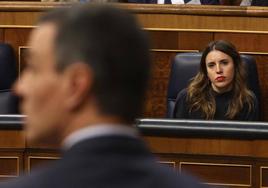 Irene Montero observa a Pedro Sánchez en la sesión de control al Gobierno de este miércoles en el Congreso