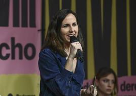 La secretaria general de Podemos, Ione Belarra, durante un acto este domingo en Madrid centrado en vivienda.