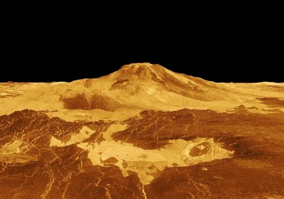 Imagen tridimensional generada por ordenador del volcán Maat Mons.
