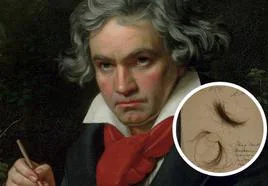 Retrato de Beethoven. En el círculo, un detalle de uno de los mechones de pelo analizados.
