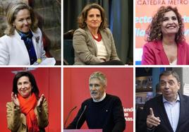 De arriba a abajo, y de izquierda a derecha: Nadia Calviño, Teresa Ribera, María Jesús Montero, Margarita Robles, Fernando Grande-Marlaska y Luis Planas.