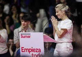 La vicepresidenta segunda y ministra de Trabajo, Yolanda Díaz, este domingo en el anuncio de su candidatura a la presidencia del Gobierno con Sumar.