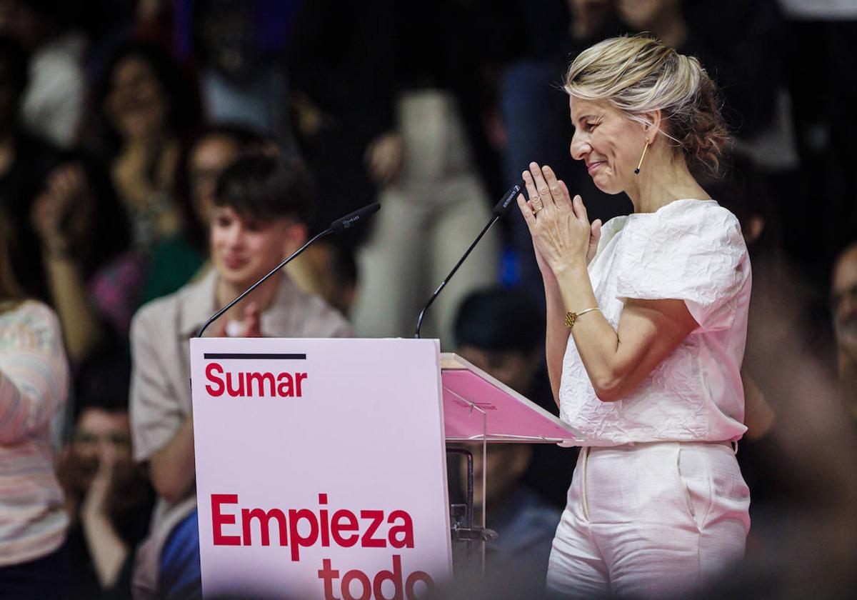 La vicepresidenta segunda y ministra de Trabajo, Yolanda Díaz, este domingo en el anuncio de su candidatura a la presidencia del Gobierno con Sumar.