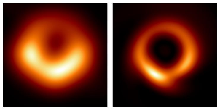 Agujero negro supermasivo M87 fotografiado originalmente por EHT en 2019 (izquierda); y LA nueva imagen generada por el algoritmo PRIMO utilizando el mismo conjunto de datos (derecha).