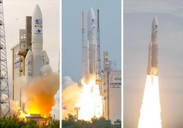 El cohete Ariane 5, en la rampa de lanzamiento de la Guyana francesa, a punto de despegar.
