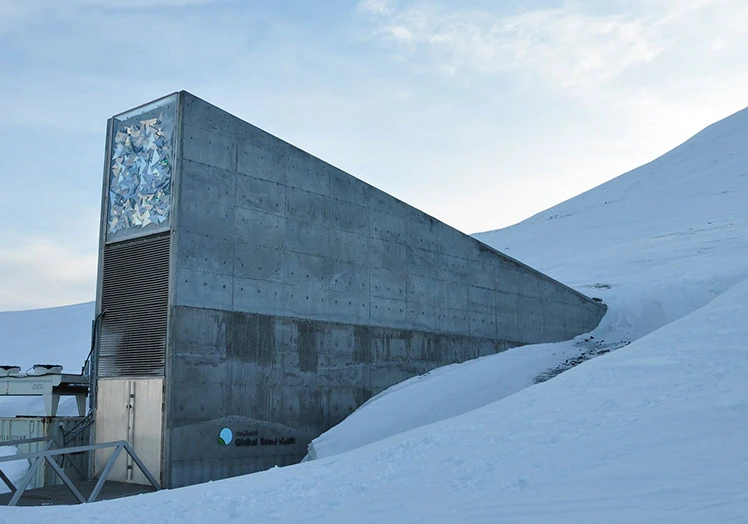 The Svalbard seed store, known as Noah's Ark, covered in snow and ice during a winter.