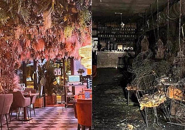 El restaruante, antes y después del incendio.