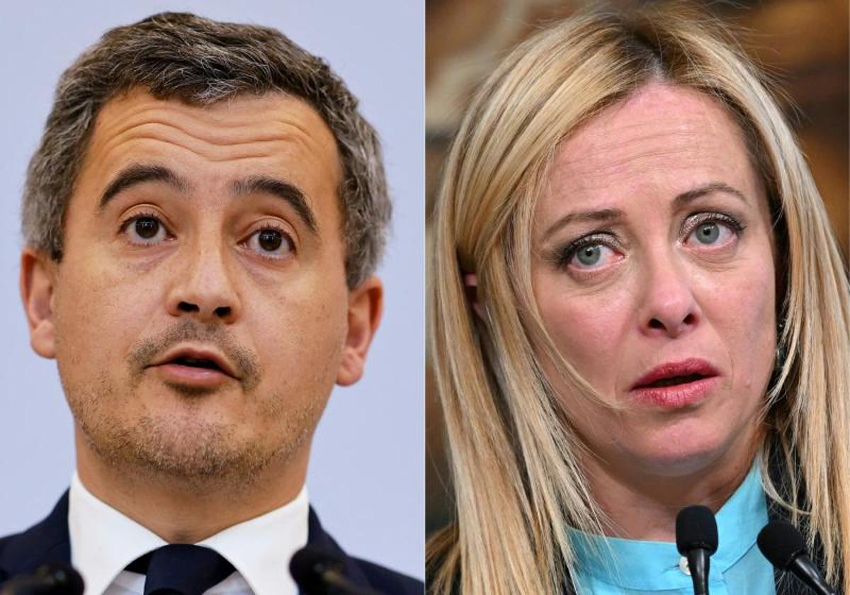 El ministro francés de Interior, Gérald Darmanin, y la primera ministra italiania, Giorgia Meloni.