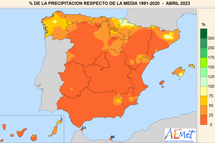 Mapa que indica lo poco que ha llovido en abril, en rojo donde ha llovido muy por debajo de la media.