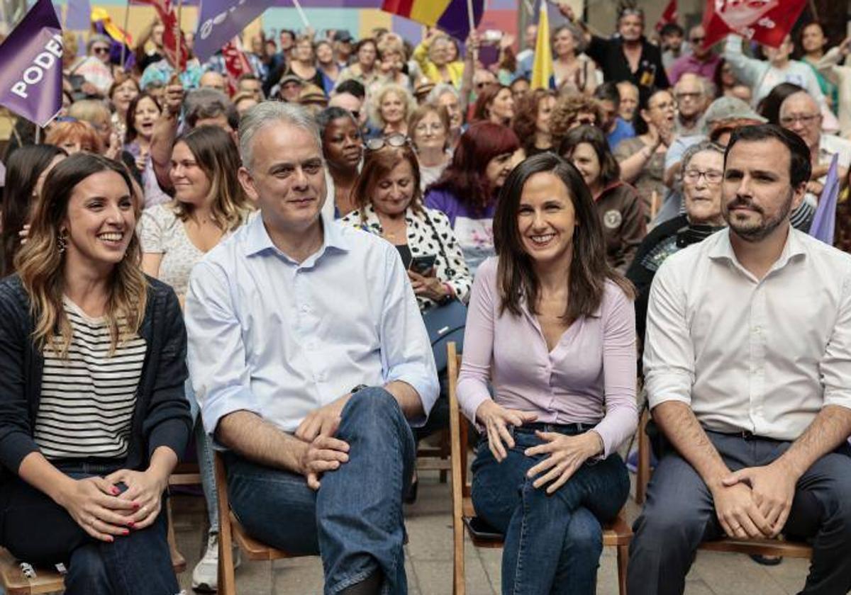 Irene Montero, Héctor Illueca, Ione Belarra y Alberto Garzón este viernes en Valencia.