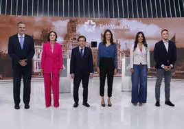 Los seis candidatos a la alcaldía de Madrid que debatieron este lunes en Telemadrid: de izquierda a derecha, Javier García Smith (Vox), Reyes Maroto (PSOE), José Luis Martínez-Almeida (PP), Rita Maestre (Más Madrid), Begoña Villacís (Ciudadanos) y Roberto Sotomayor (Podemos).