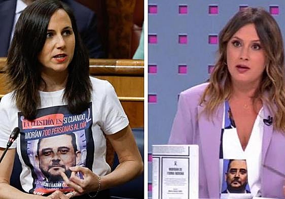 Ione Belarra y Alejandra Jacinto lucen la camiseta con la foto del hermano de Isabel Díaz Ayuso.