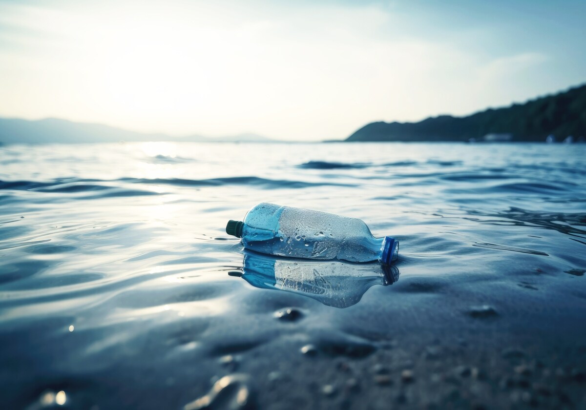 Botella de plástico flotando en el agua.