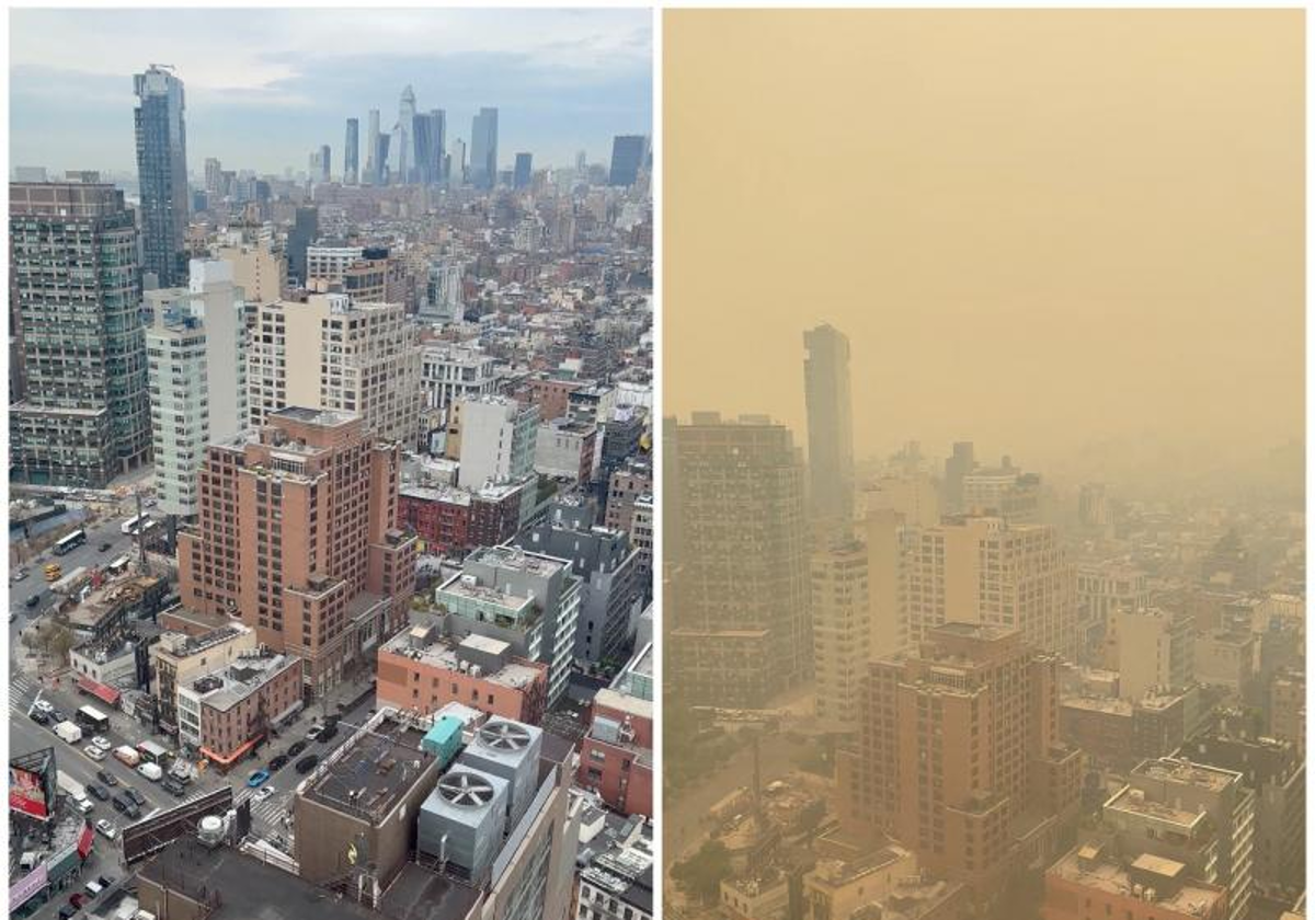 La ciudad de Nueva York antes y despoués del humo preocedente de Canadá