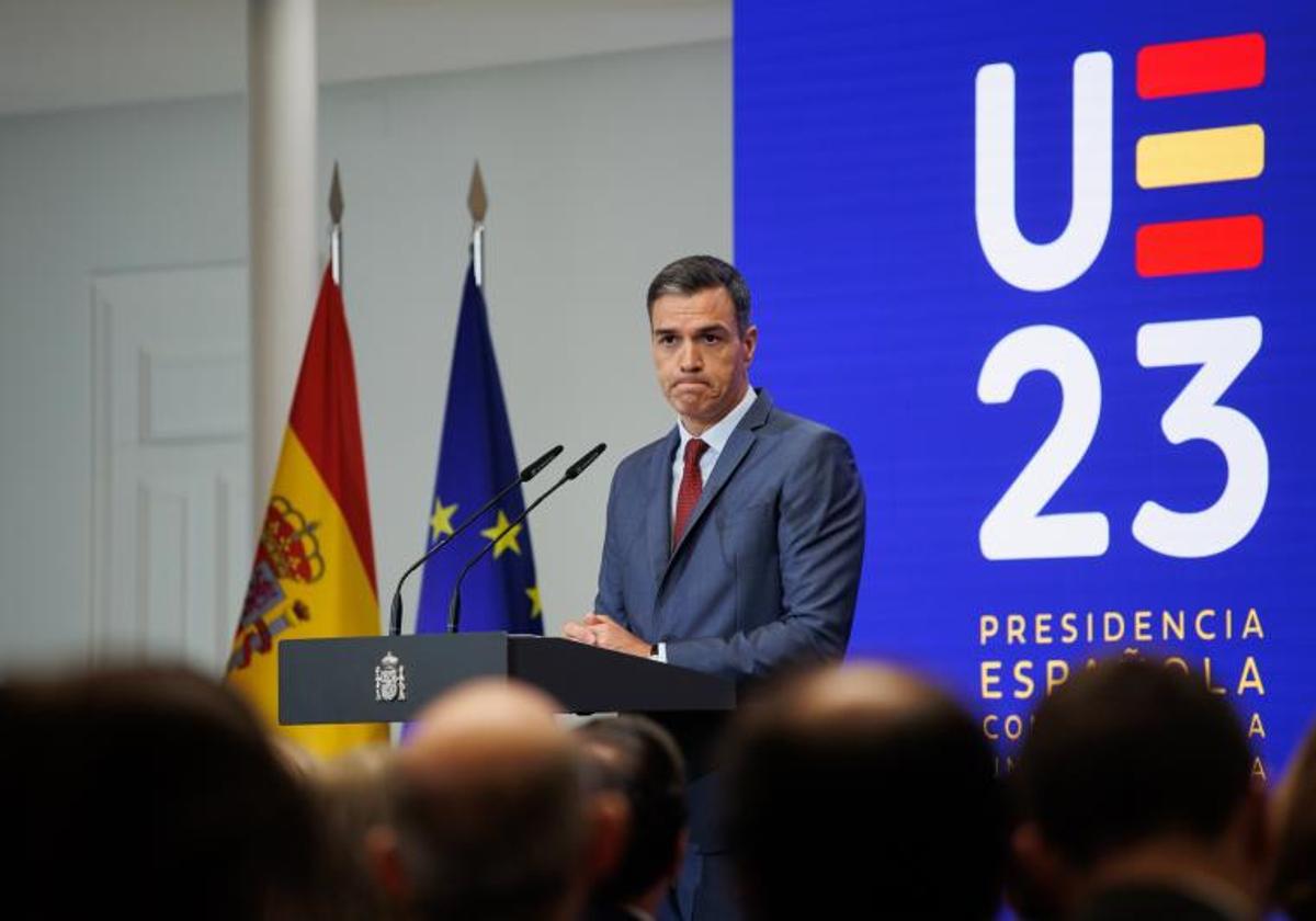 El presidente del Gobierno, Pedro Sánchez, durante la presentación de las prioridades de la Presidencia española del Consejo de la UE.