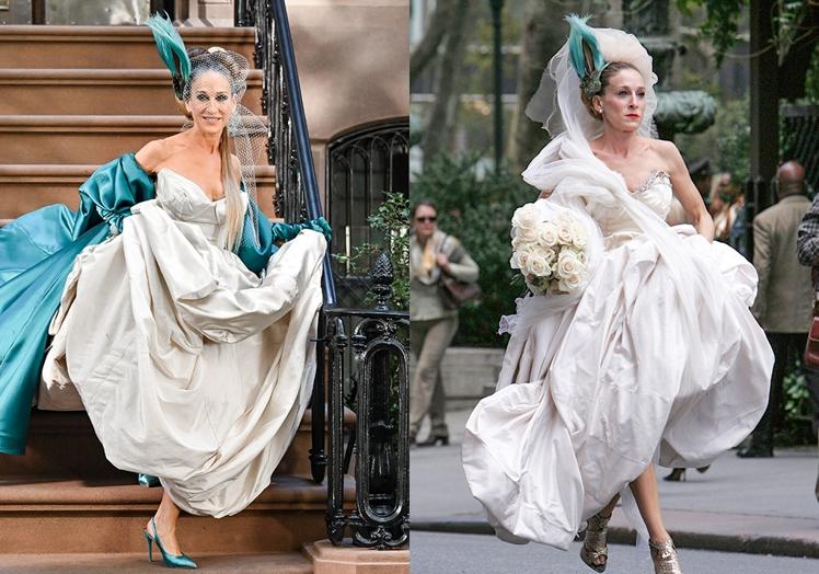 Imagen principal - Su vestido de novia de Vivianne Westwood, que reaparece en la secuela, y sus dos faldas tutú más conocidas.