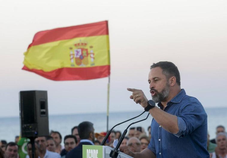 El presidente de Vox, Santiago Abascal, durante el acto que su formación celebro este sábado en Barcelona.