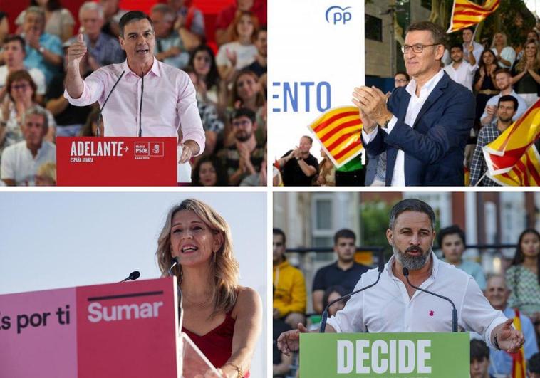 Arriba. Pedro Sánchez (PSOE) y Alberto Núñez Feijóo (PP). Debajo. Yolanda Díaz (Sumar) y Santiago Abascal (Vox).