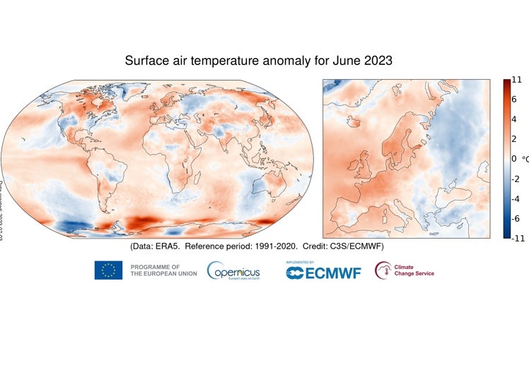 Detalle del mapa del mundo y de Europa, donde se aprecia que la temperatura de junio 2023 ha sido mayor que la habitual en un mes de junio.