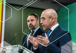 Jorge Buxadé, en primer plano, en una comparecencia junto al líder de Vox, Santiago Abascal.