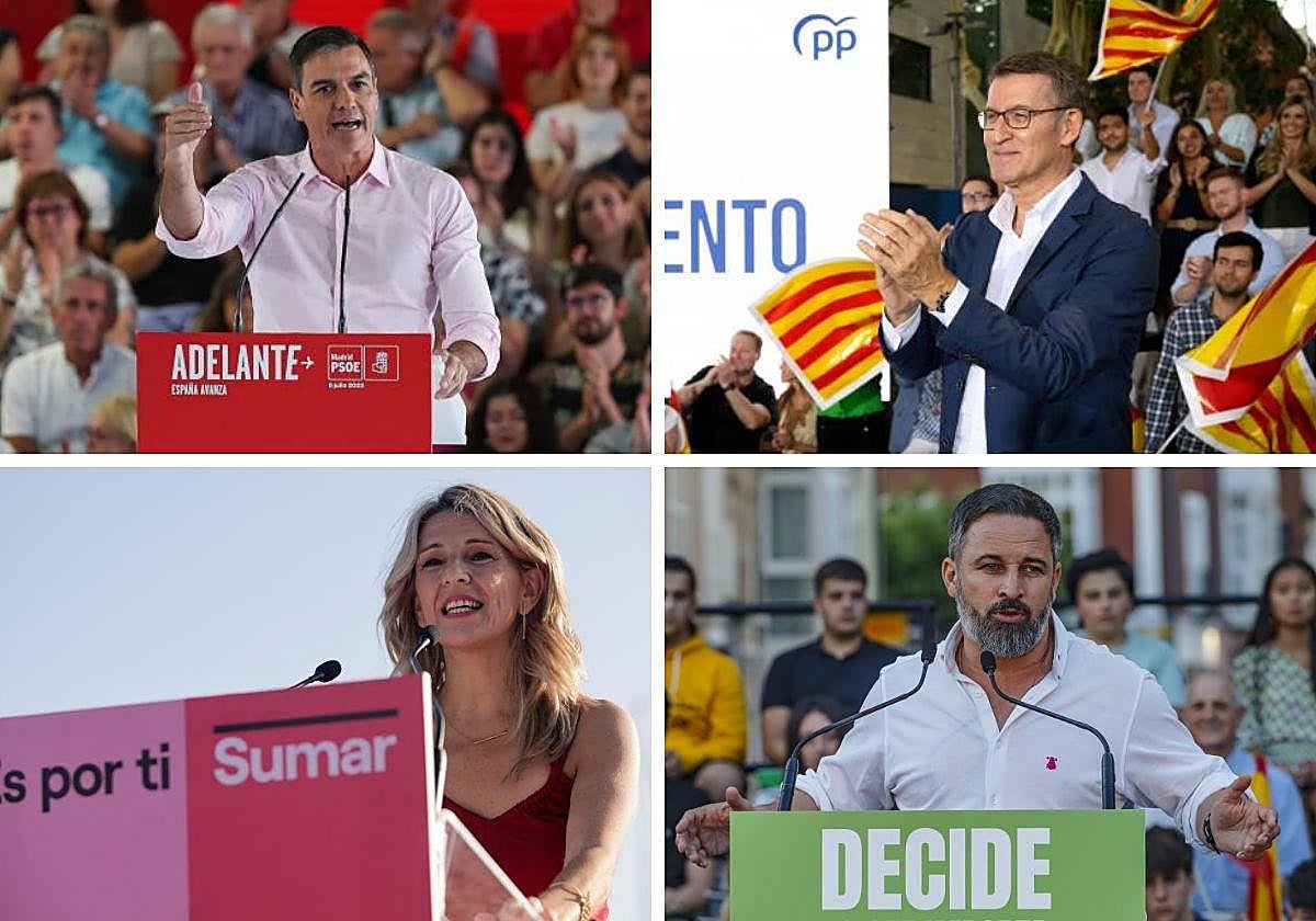 Arriba. Pedro Sánchez (PSOE) y Alberto Núñez Feijóo (PP). Debajo. Yolanda Díaz (Sumar) y Santiago Abascal (Vox).