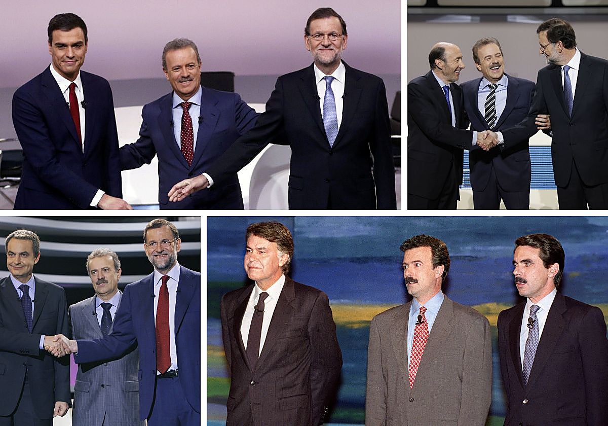 Imagen - En sentido de las agujas del reloj: Sánchez-rajoy (2015); Rubalcaba-Rajoy (2011); Zapatero-rajoy (2008) y el primero, González-Aznar (1993). Todos los moderó Manuel Campo Vidal.