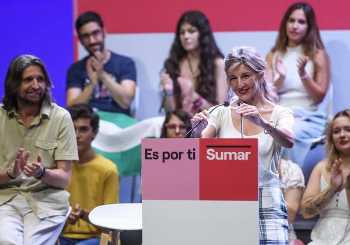 La candidata de Sumar, Yolanda Díaz, en un acto en Sevilla este domingo.