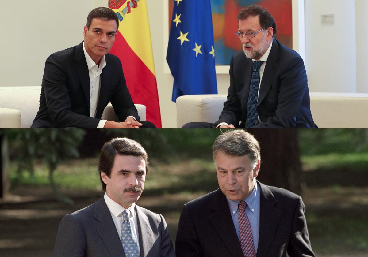 Arriba: Sánchez y Rajoy en 2017 tras el desbloqueo de la la investidura del popular en 2015. Abajo: Aznar y González en 1996 durante el traspaso de poderes.