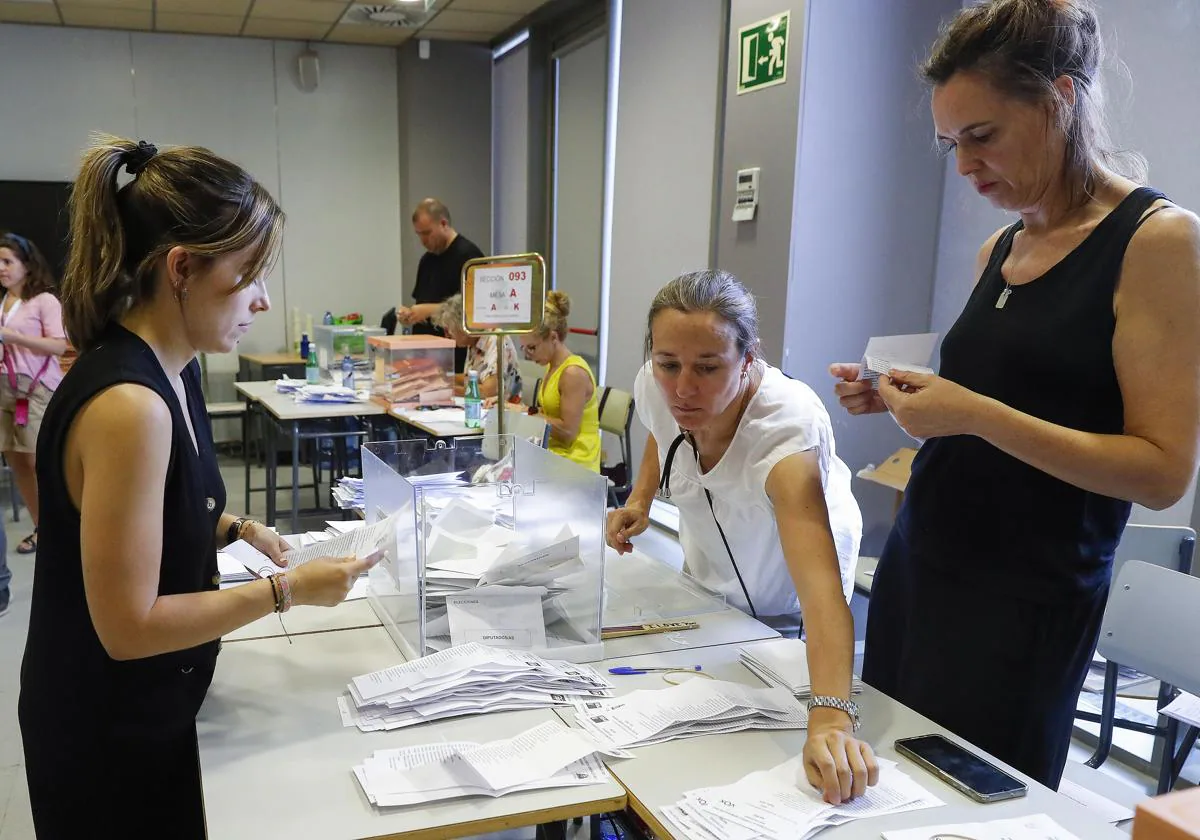 Imagen de una mesa electoral del Instituto Ortega y Gasset, en Madrid, durante el recuento de votos de las elecciones generales del 23-J.