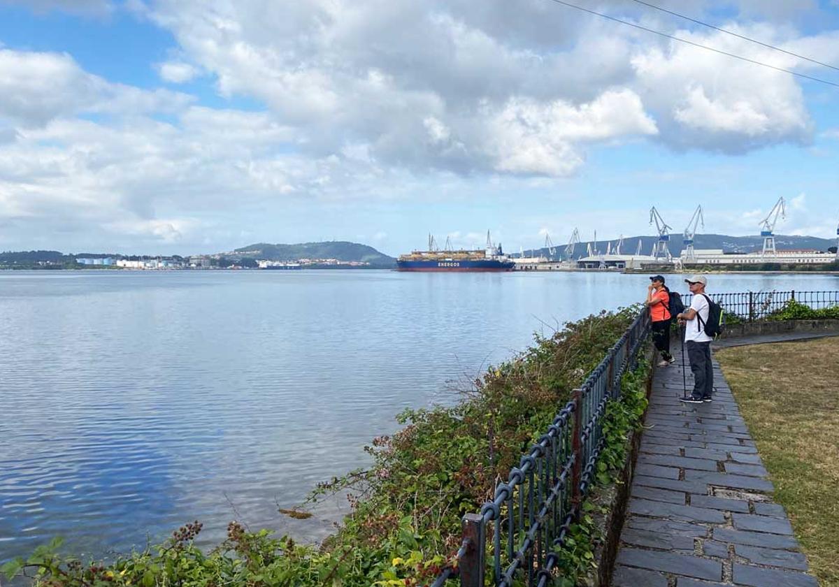 La ría de Ferrol, con las grúas del puerto al fondo.