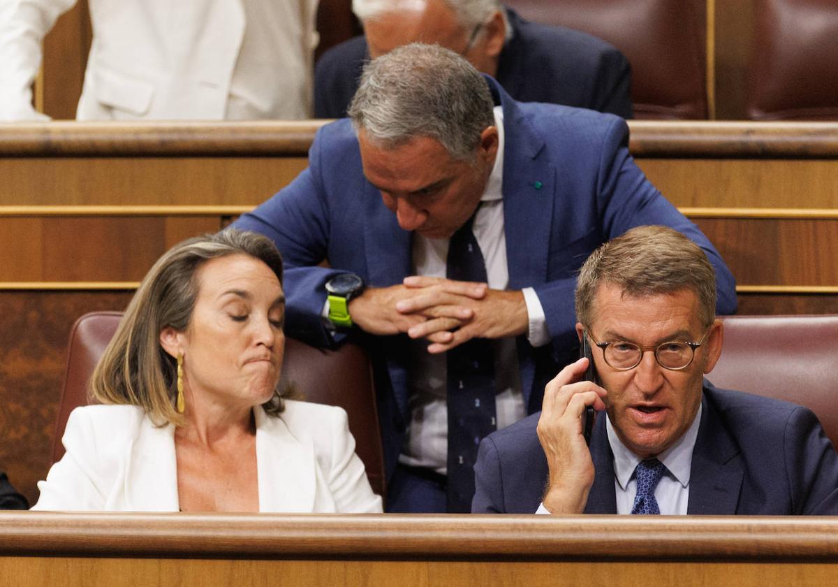 Cuca Gamarra, Elías Bendodo y Alberto Núñez Feijóo, durante la Sesión Constitutiva de la XV Legislatura