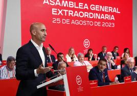 Luis Rubiales, durante la asamblea de la Federación.