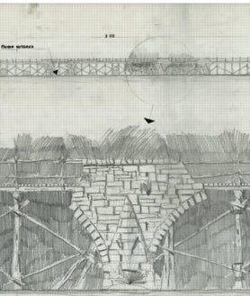 Imagen secundaria 2 - Bocetos de Carlo Simi con dibujos del cementerio circular de Sad Hill, las tumbas que rodean ese espacio y finalmente segmento del plano del Puente de Langstone, levantado sobre el río Arlanza en Hortigüela, que vuela por los aires en la película.