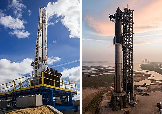El Miura, a la izquierda, y la Starship, en sus rampas de lanzamiento.