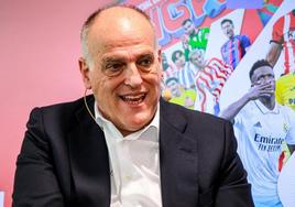 El presidente de LaLiga, Javier Tebas, durante la presentación de los cromos Panini 2023-2024.