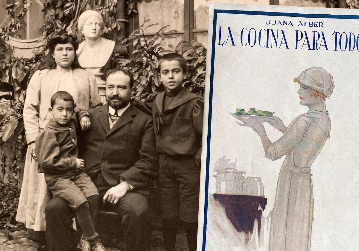 Blasco Ibáñez con sus hijos Libertad, Julio César y Sigfrido junto a la portada de 'La cocina para todos'.