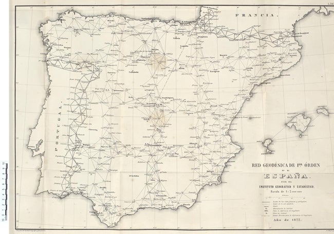 Primer mapa con la red geodésica nacional, elaborado en 1877 a partir de los vértices que se empezaron a instalar en nuestras montañas en 1852.