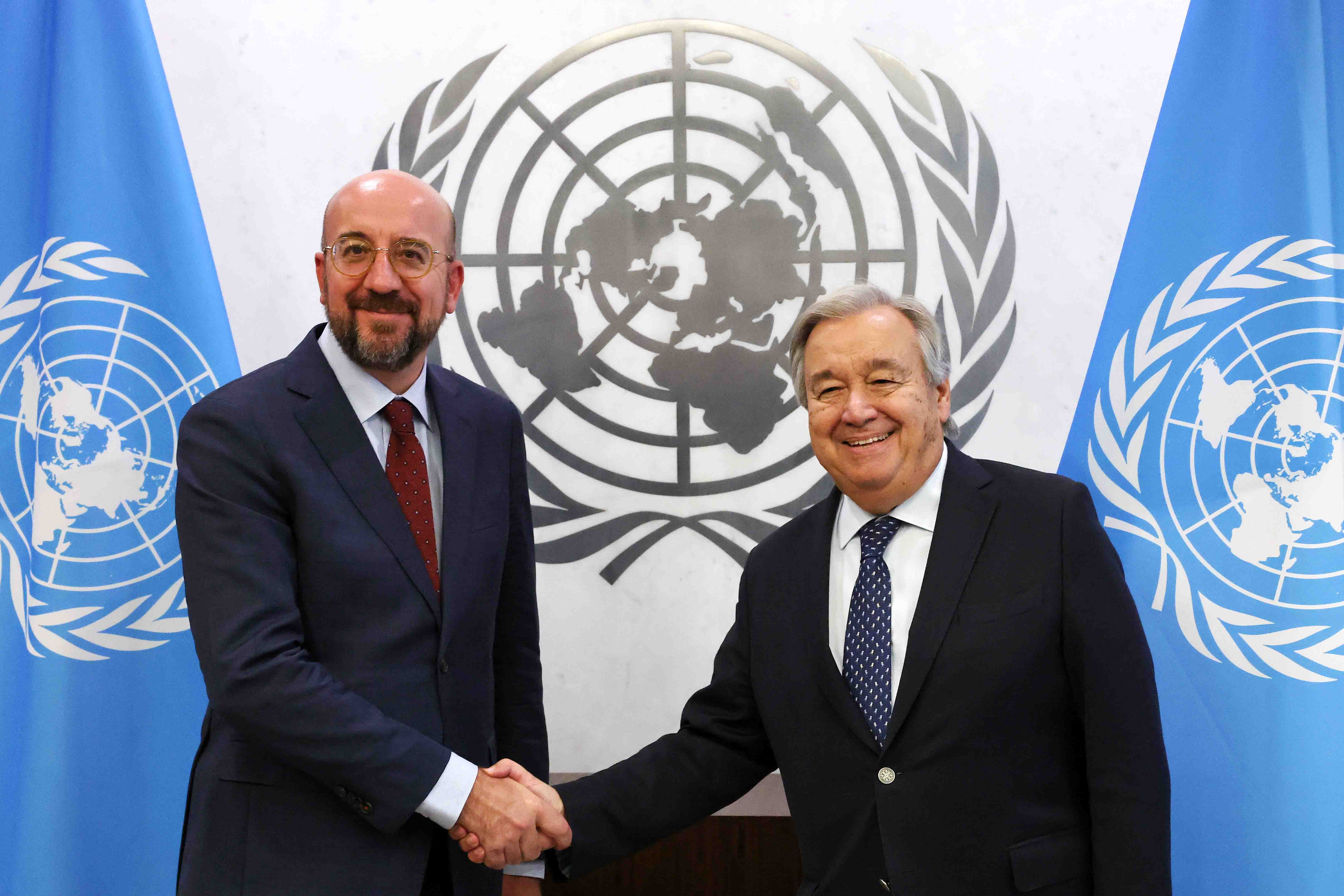 El presidente del Consejo Europeo, Charles Michel, junto al secretario general de Naciones Unidas, António Guterres