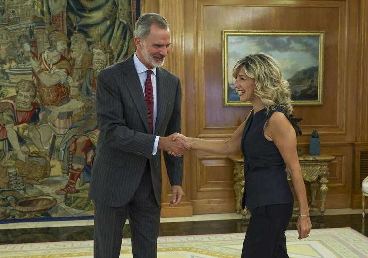 El rey Felipe VI recibe en audiencia a la líder del partido Sumar y vicepresidenta segunda del Gobierno en funciones, Yolanda Díaz