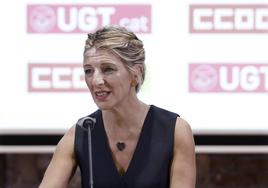 Yolanda Díaz tras la reunión que ha mantenido con los líderes catalanes de UGT y CCOO en Barcelona