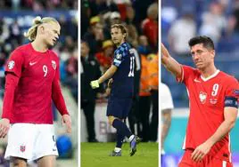 Haaland, Modric y Lewandowski, con sus respectivas selecciones.