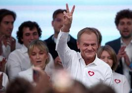 Donald Tusk celebra en Varsovia el resultado electoral.