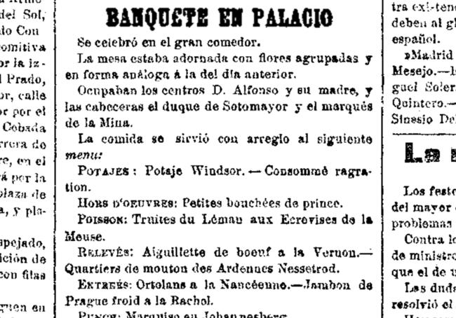 Menú del banquete de Alfonso XIII