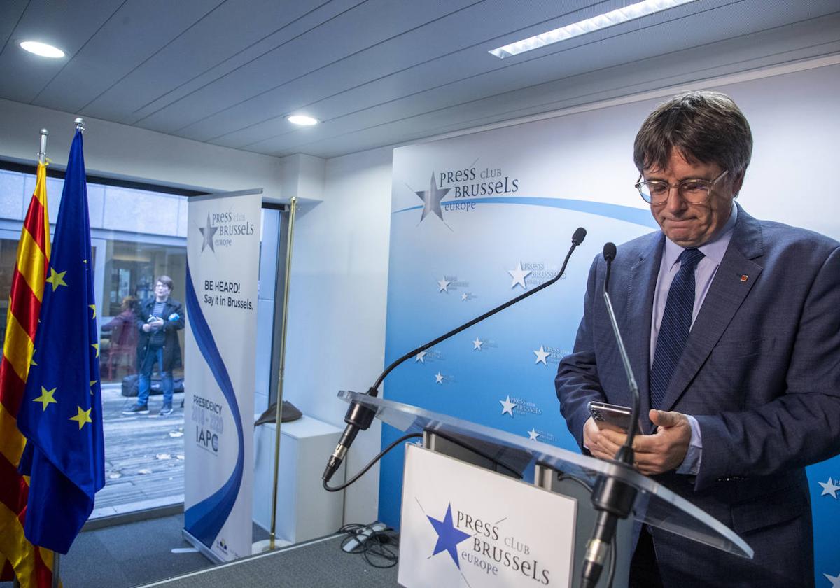 El expresidente de la Generalitat y eurodiputado de Junts, Carles Puigdemont, el viernes tras presentar su acuerdo con el PSOE.