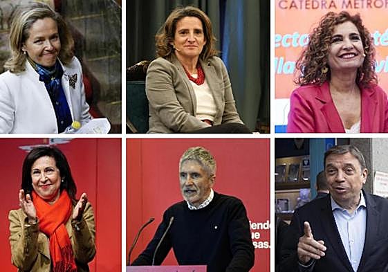 De arriba a abajo, y de izquierda a derecha: Nadia Calviño, Teresa Ribera, María Jesús Montero, Margarita Robles, Fernando Grande-Marlaska y Luis Planas.