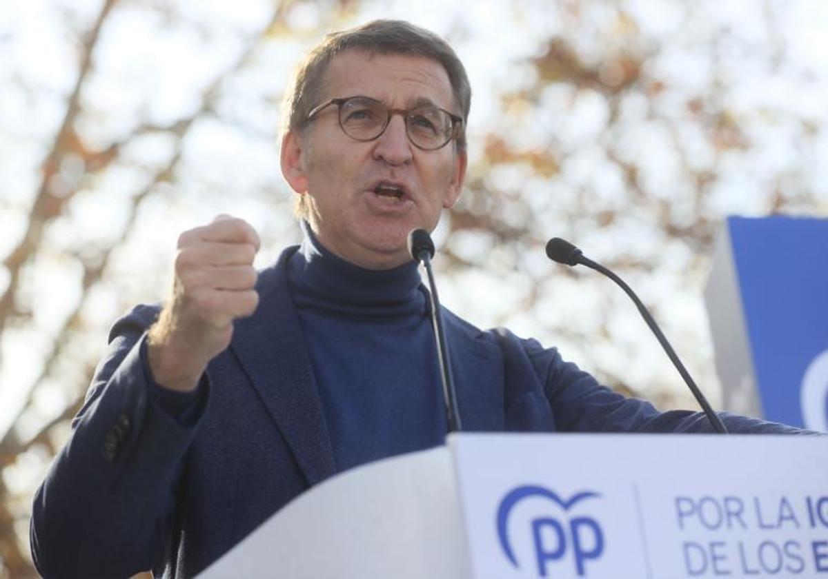 El presidente del PP, Alberto Núñez Feijóo, durante el acto organizado por el Partido Popular en defensa de la Constitución y de la igualdad, este domingo en el Parque del Templo de Debod.